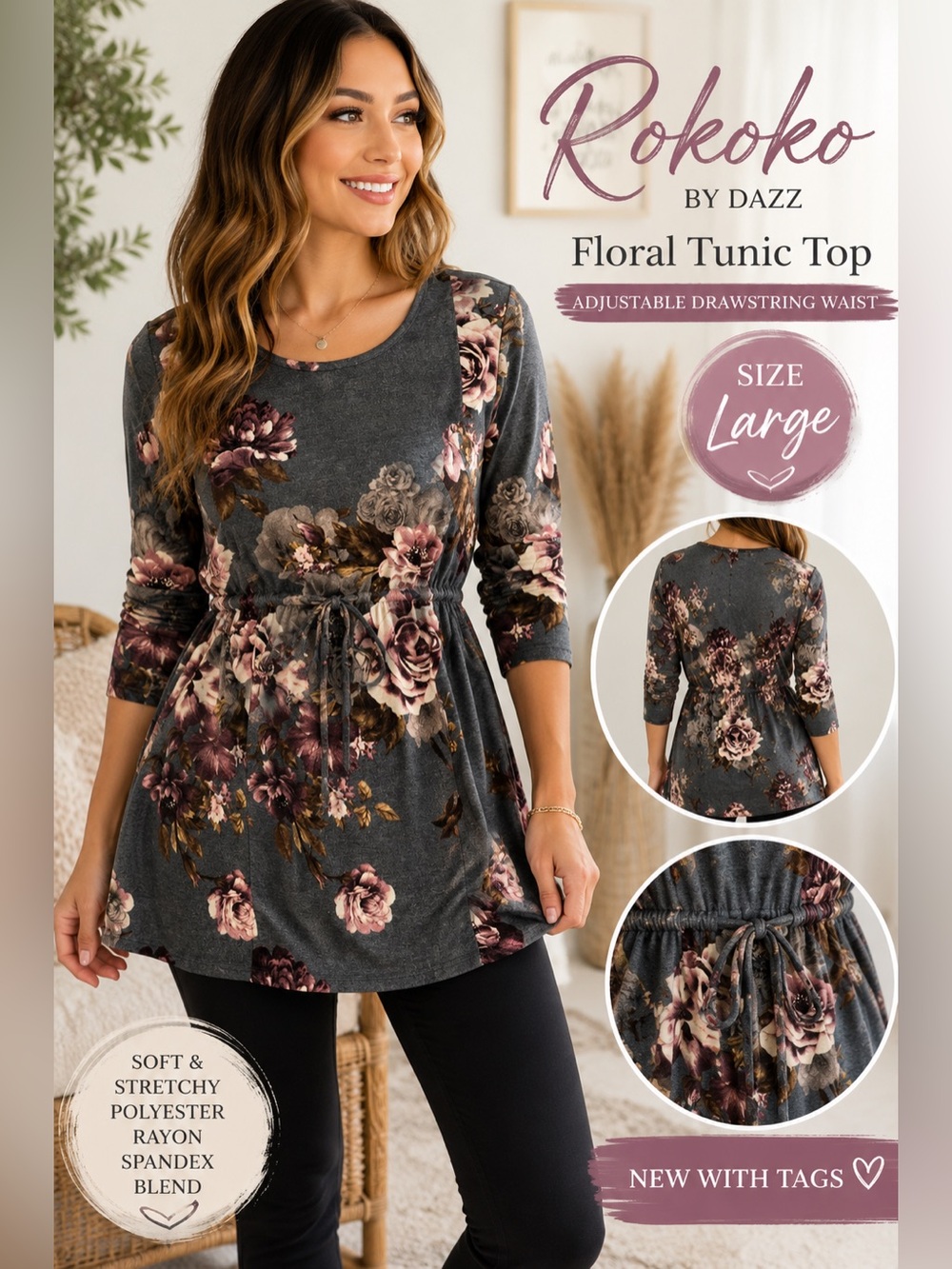Rokoko by Dazz NWT Floral Drawstring Waist Tunic Top Size Large Boho
